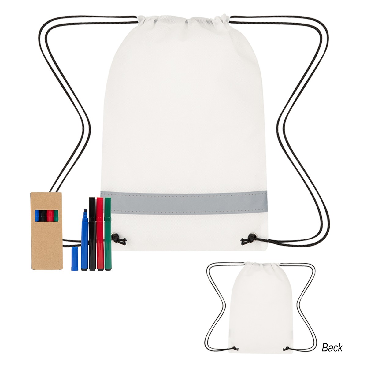 Picture of Lil' Bit Reflective Non-woven Coloring Drawstring Bag With 4-piece Washable Marker Set