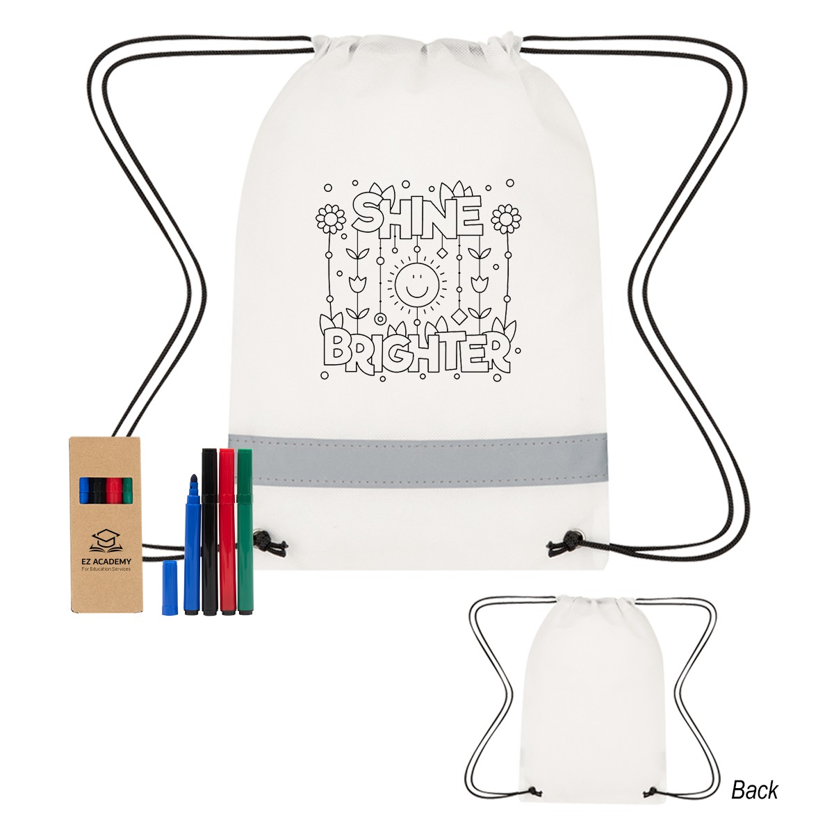 Picture of Lil' Bit Reflective Non-woven Coloring Drawstring Bag With 4-piece Washable Marker Set