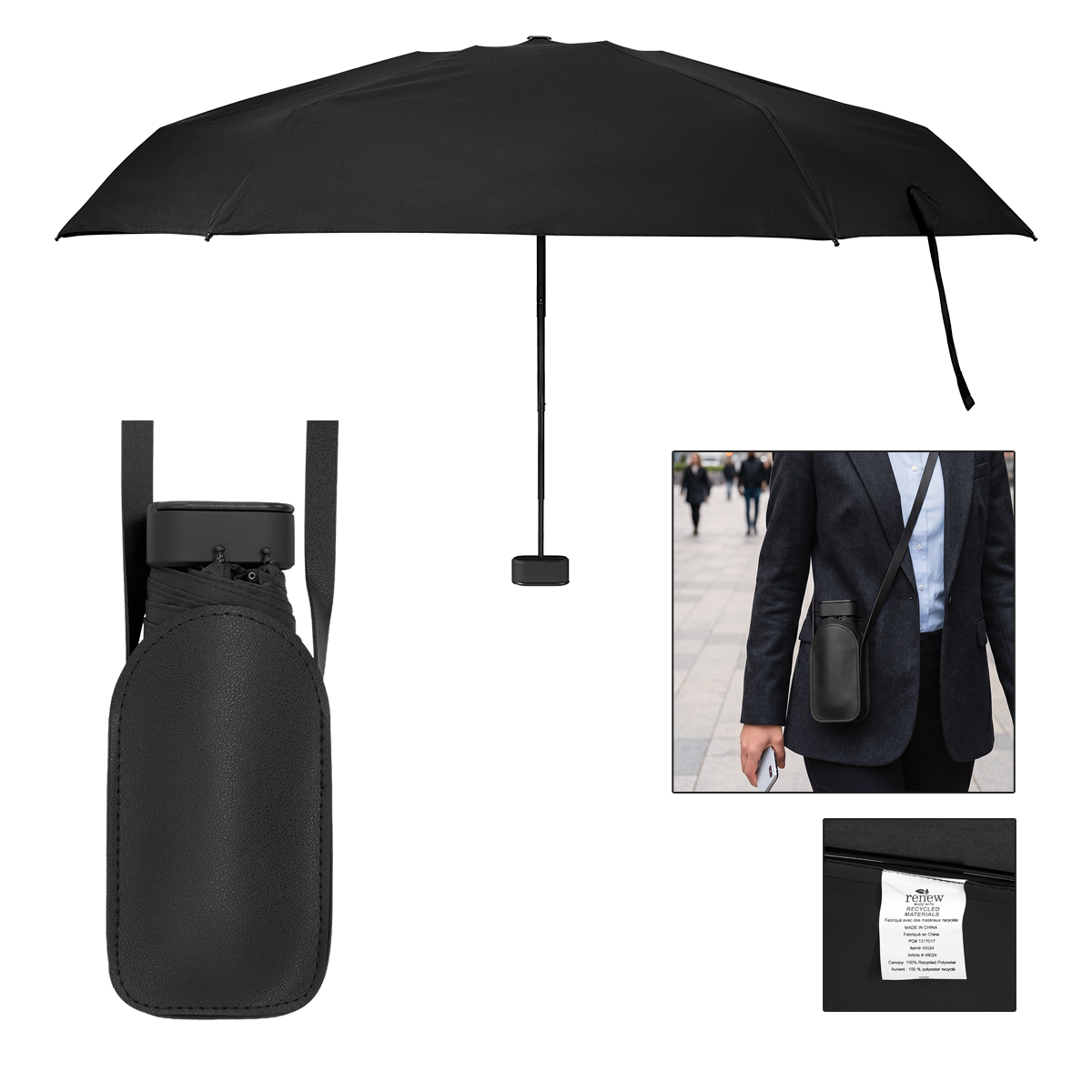 Picture of 38" Arc Mini Telescopic Crossbody Umbrella With 100% Rpet Canopy
