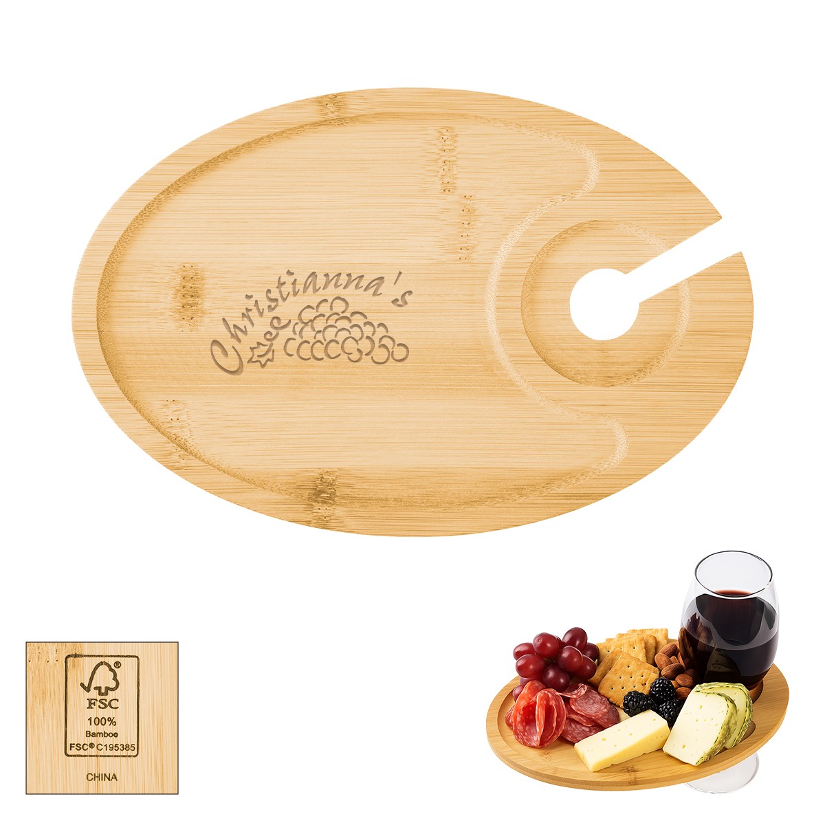 Picture of Wine & Dine Recessed Bamboo Tray With Wine Glass Holder