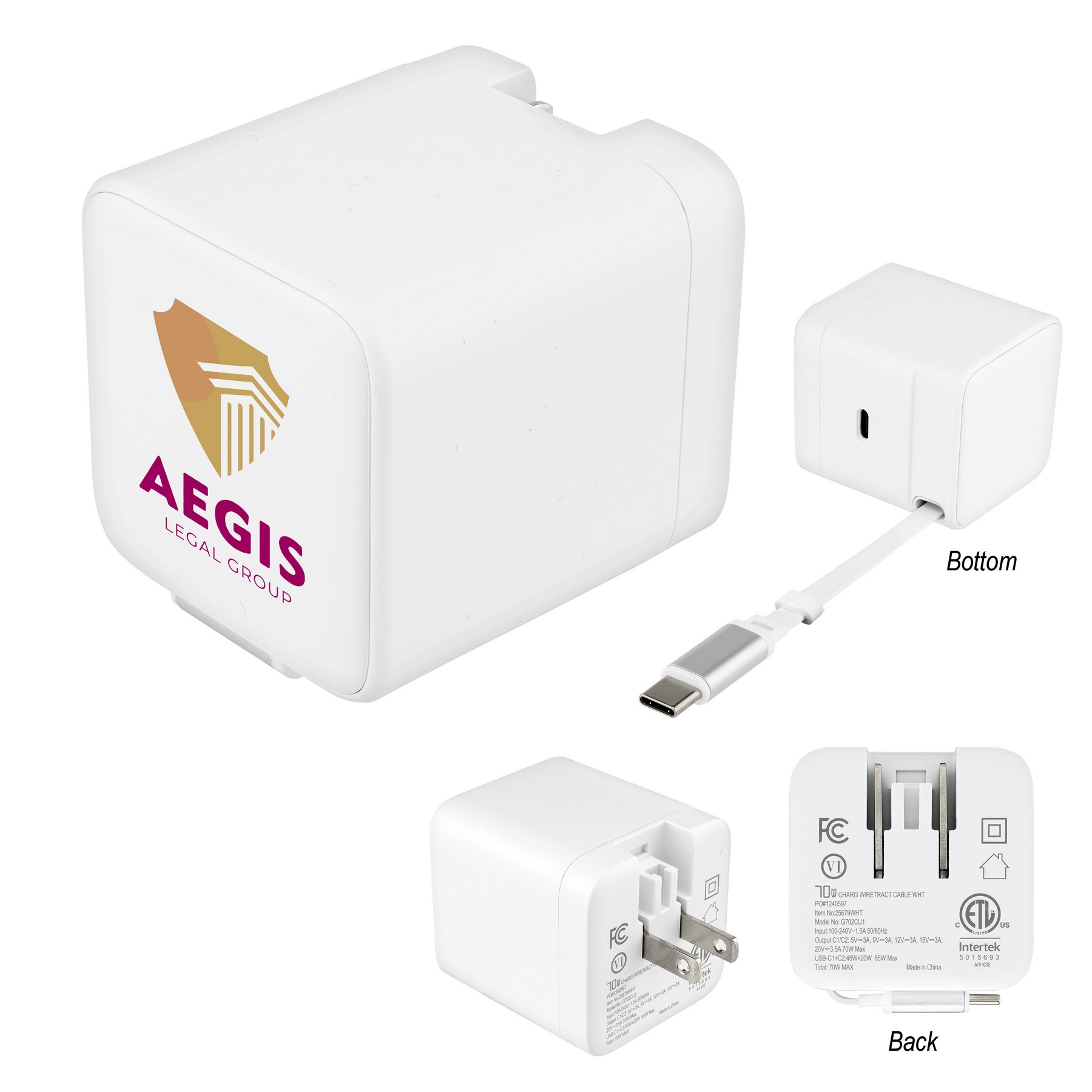 Picture of 70w Etl Listed Wall Charger With Retractable Cable