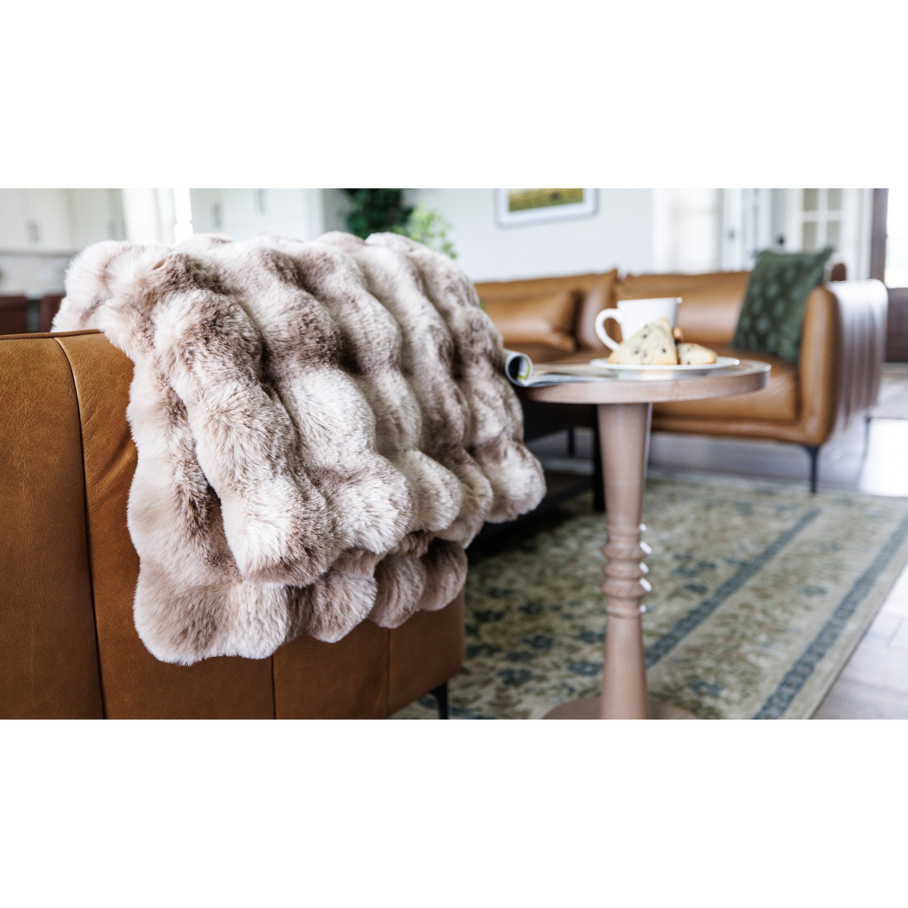 Picture of Ruched Faux Fur Recycled Polyester Blanket - Mocha Frost
