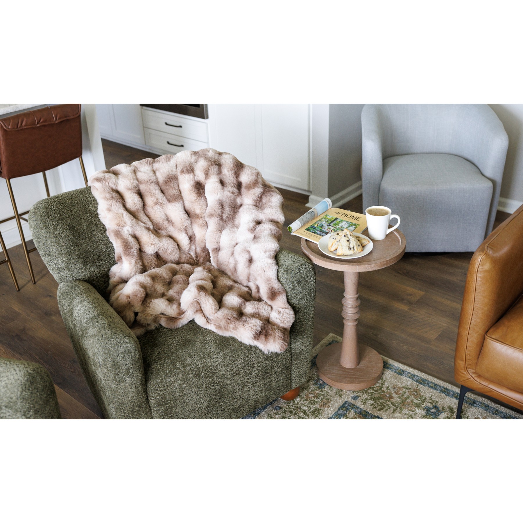 Picture of Ruched Faux Fur Recycled Polyester Blanket - Mocha Frost