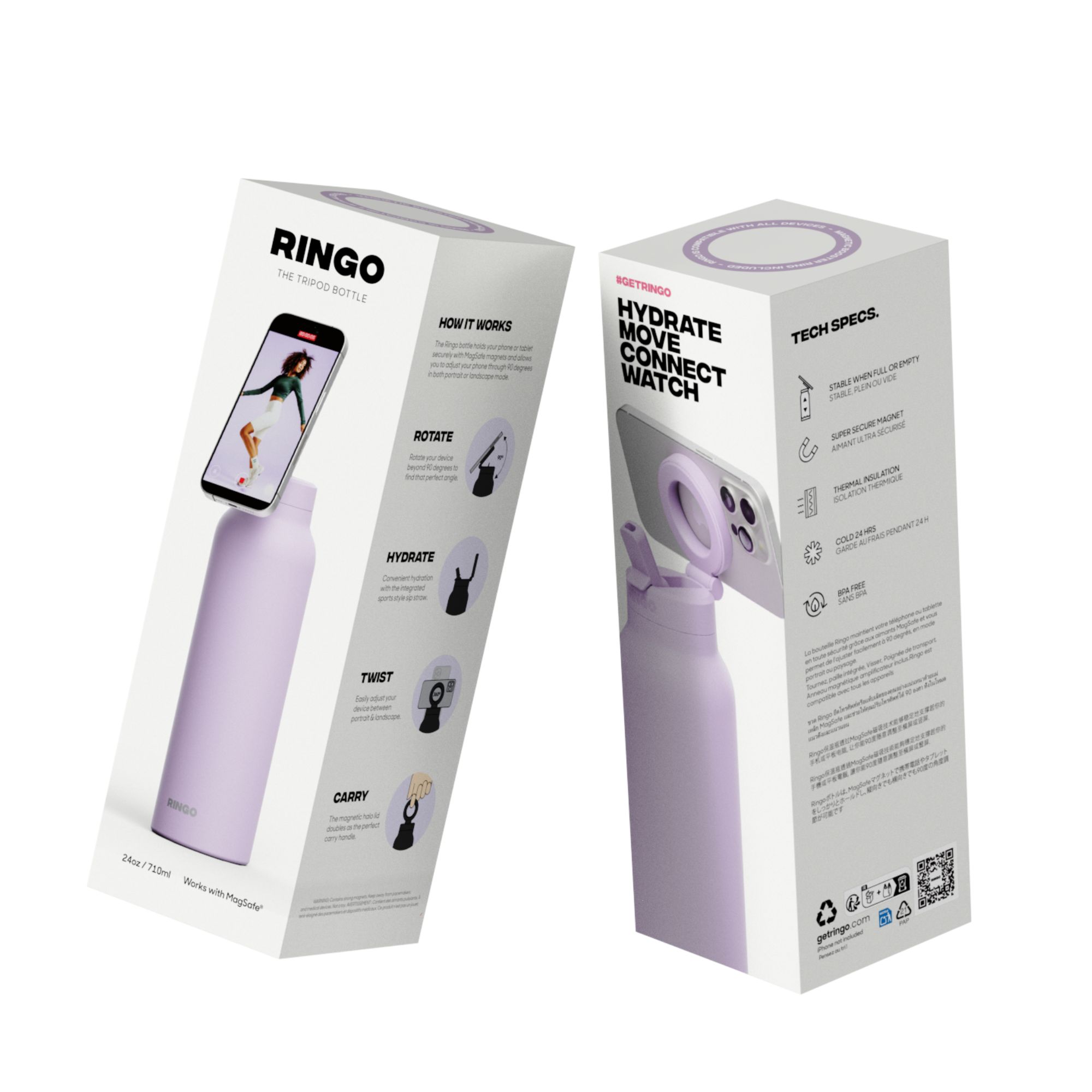 Picture of RINGO Pro Water Bottle with Magnetic Booster Ring - 24 Oz. - Lilac