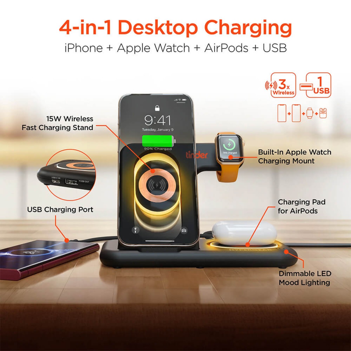 Picture of HyperGear PowerFold X-Ray 4-in-1 Foldable Wireless Charging Stand with 15W Wireless Fast Charge