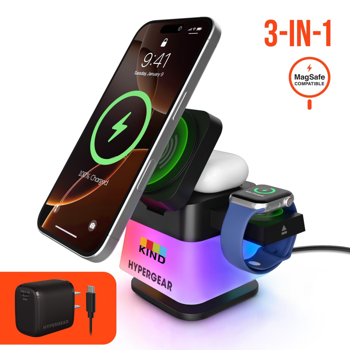 Picture of Hypergear PowerFold Cube 3-in-1 Wireless Charging Stand with 15W Magnetic Wireless Fast Charge