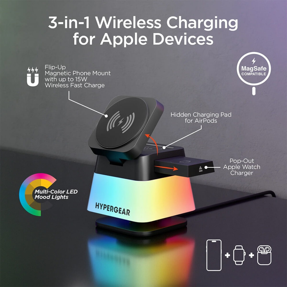 Picture of Hypergear PowerFold Cube 3-in-1 Wireless Charging Stand with 15W Magnetic Wireless Fast Charge