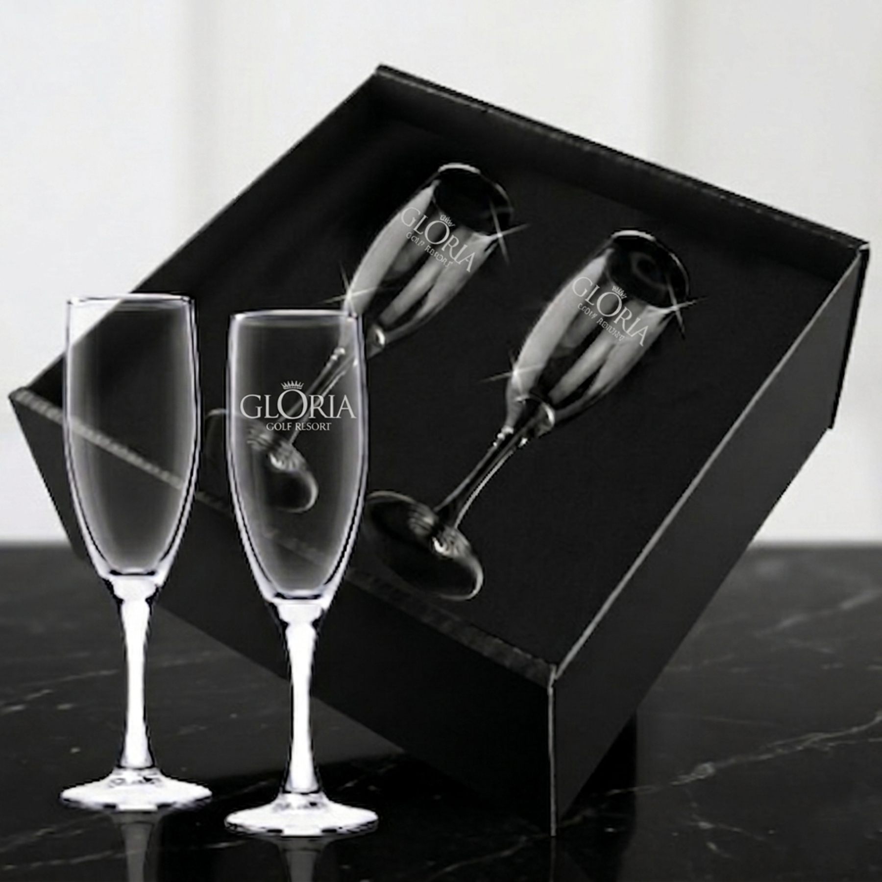 Picture of 5.75 oz Champagne Glasses With Tapered Stem, 2-Piece Set in Bellagio Box (Deep Etch)