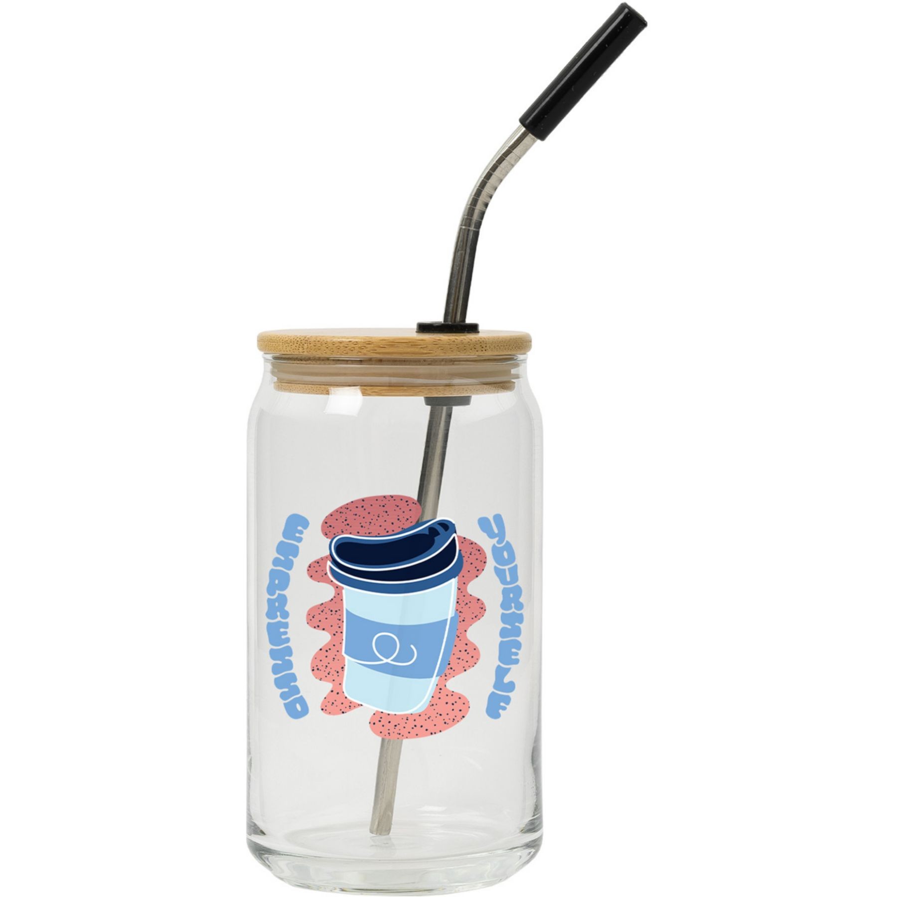 Picture of Pod Full Color Can Glass W Bamboo Lid 16 Oz